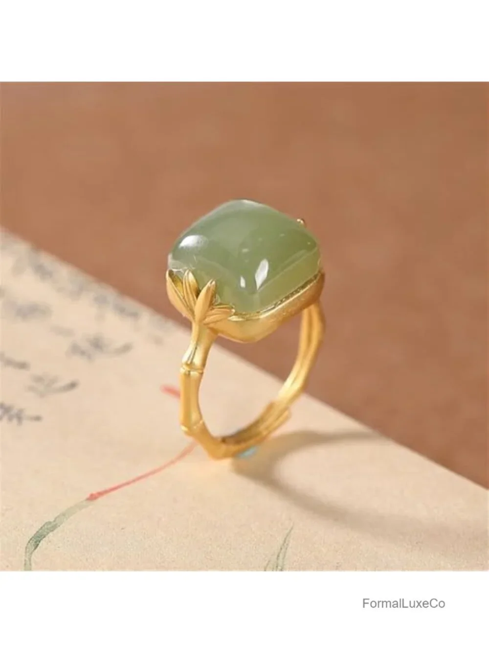 Handmade Green Jade Ring Adjustable Copper Band Vintage Style Statement Jewelry